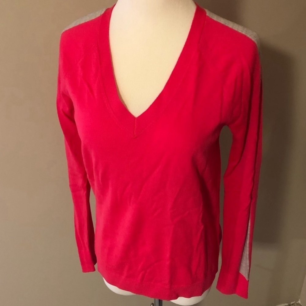 Banana Republic Extra Fine V-Neck Merino Wool Sweater Pink Gray Stripe Size XL